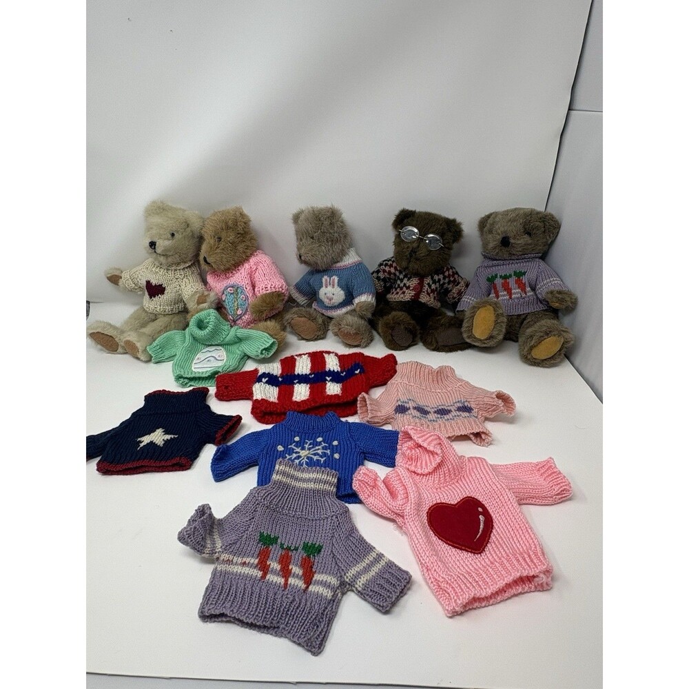 Vintage Teddy Bear Lot 5 Bears + 7 Knit Sweaters Outfits Jointed Plush Bears